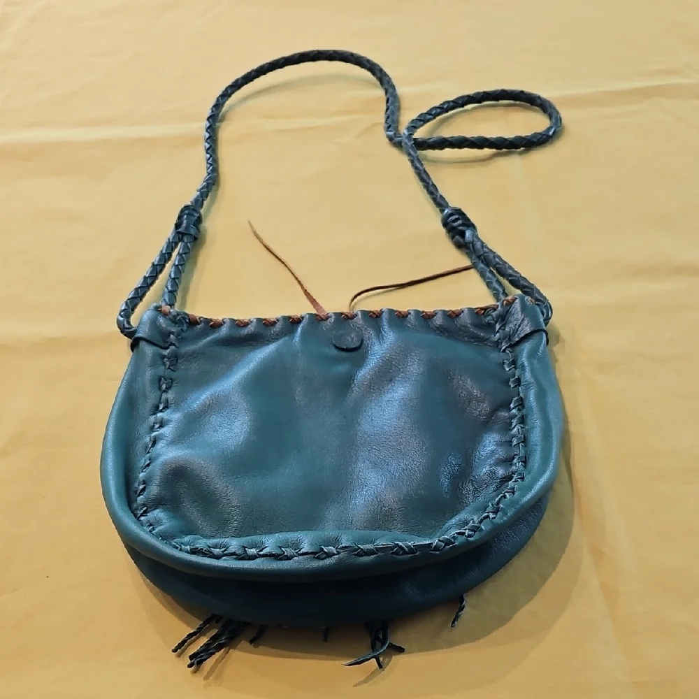 Handmade Leather Crossbody Purse- Boho Fringe & Braid Design - Forest Green